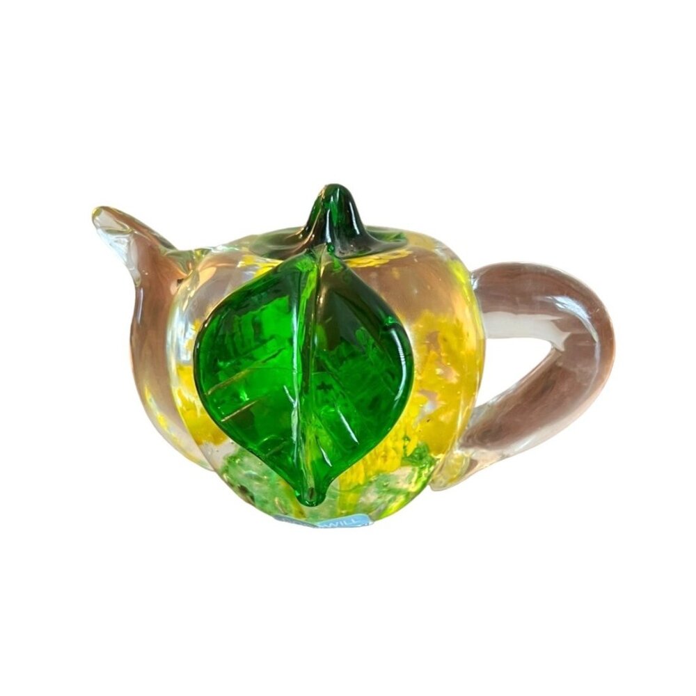 Handblown Glass Apple Shaped Teapot With Green Leaf Accent Yellow & Clear 3in T